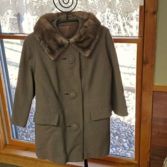 Vintage 60's Union Made Brown Sz. L Fur Collared Lined Button Coat - Picture 1 of 12